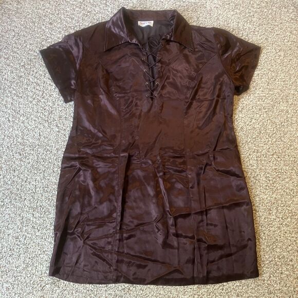 Sheena Fashions Dresses & Skirts - Vintage Sheena Fashions Womens Tunic Dress Size 20 Satin Lace Up Neckline Brown